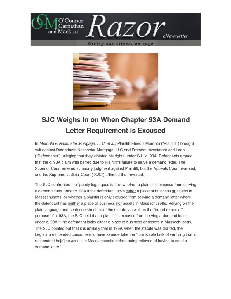 2016 ocm law 93a demand letter